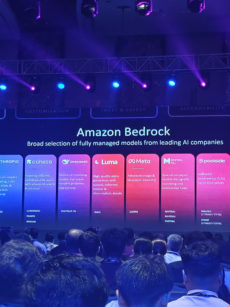 Amazon Bedrock keynote slide showing the managed foundation model line-up