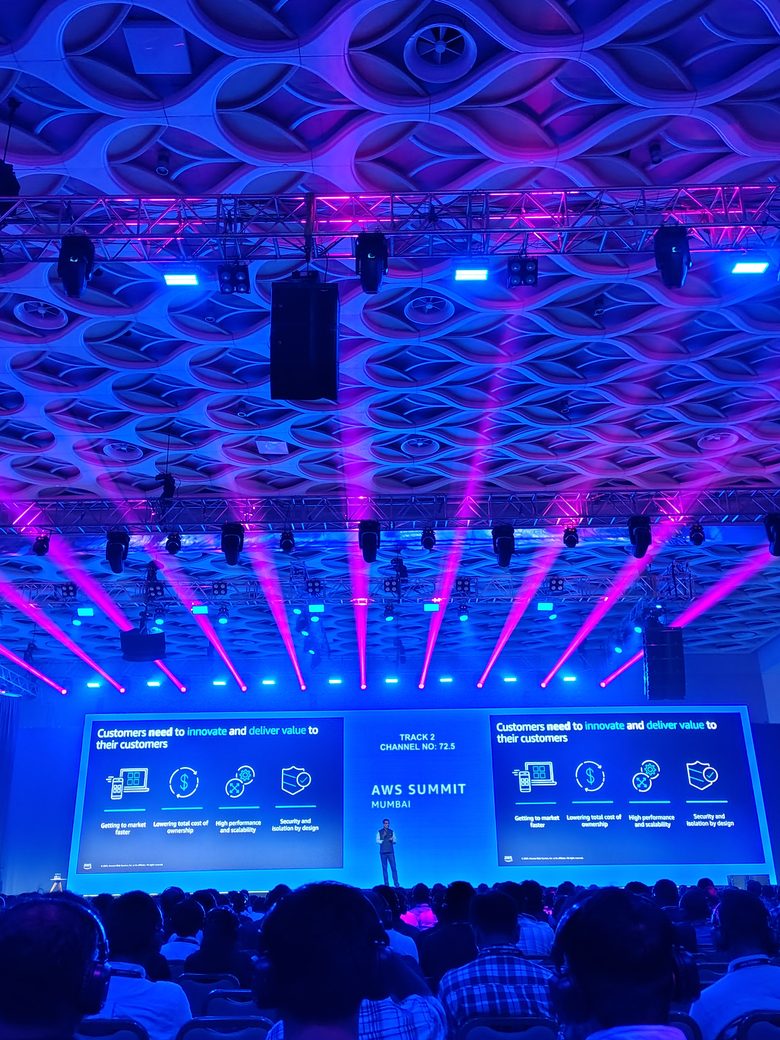 AWS Summit main stage lit up before the keynote