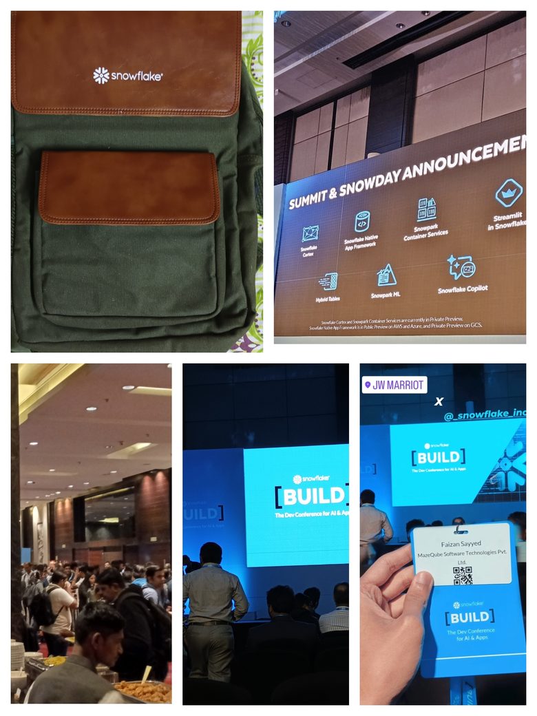 Collage of highlights from Snowflake BUILD including the summit announcements board